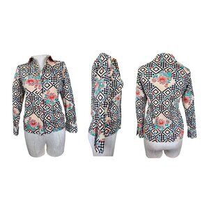 Vintage 1970s Kmart Psychedelic floral checker paisley printed blouse Size XS
